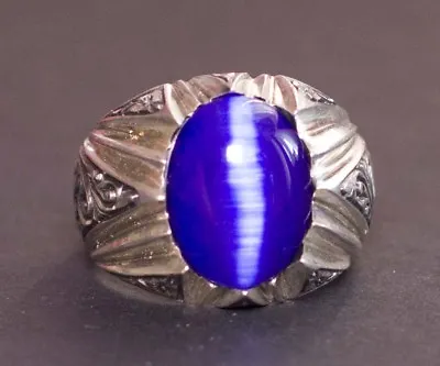 Sterling Silver Men Ring Steel Pen Craft Blue Natural Catseye Star   Handmade • $94.90