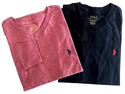 Boys Girls Ralph Lauren T Shirt Long Sleeve V Neck 2 Pack Size Small 8 - 10 • £13.99