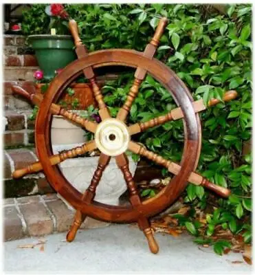 36 Inch Big Ship Steering Wheel Wooden Antique Teak Brass Nautical Pirate Ship's • $109.90