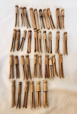 VTG Wooden Clothes Pin Lot 36 Round Flat Head Primative Wire Laundry Or Crafts • $16