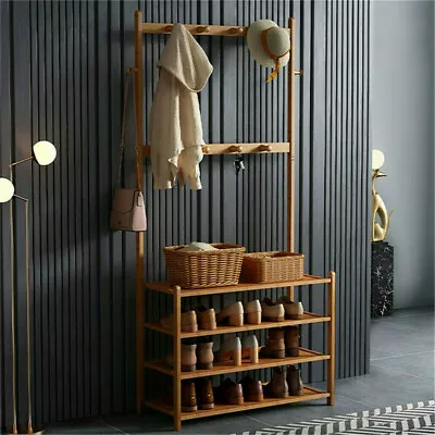 $59.92 • Buy Large Wooden 5 Tiers Hat Coat Stand Clothes Shoe Rack Hanger Hooks Shelf Storage