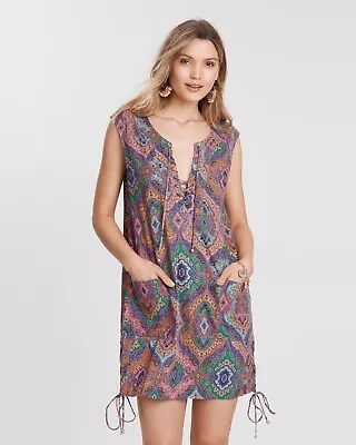 Tigerlily Size 12 Felon Shift Dress Sleeveless Pockets Bohemian Paisley Print • $49.95