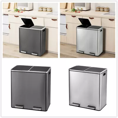 Dual Rubbish Bin 30L/60L Recycling Bin Kitchen Metal Steel Pedal Dustbin Bin • £59.99