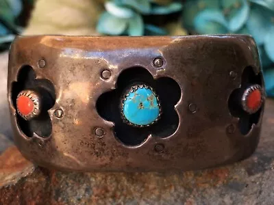 Vintage Native American Navajo Turquoise Coral Shadowbox Sterling Cuff Bracelet • $215