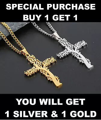 Cross Pendant Necklace For Men Women Stainless Steel Tree Of Life Necklace Chain • $8.99