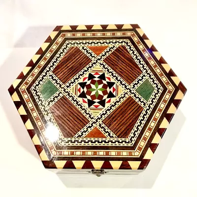 Vintage Hexagonal Spanish Marquetry Jewelry Box Lacquered Mosaic Wood Inlay • $19.95