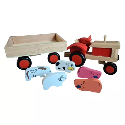 Wooden Tractor And Trailer With Farm Animal Figures Farmyard Play Set Complete • £11.99