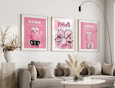 Set Of 3 Pink Kaws Art Pieces Canvas Wall Art Home Decor • $44.99