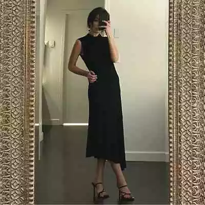 Genny Designer Vintage Silk Draped Cowl Neck Asymmetric Midi Dress Black IT 40 • $198