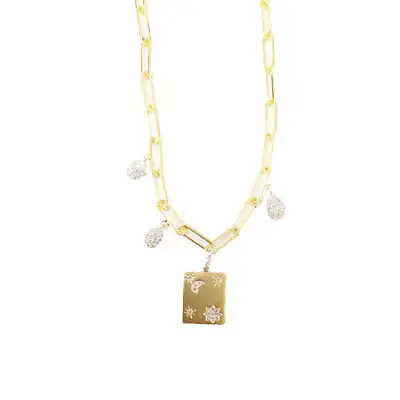 14K Yellow Gold Paperclip Chain And Symbolic Diamond Plate And Charms Necklace • $1595