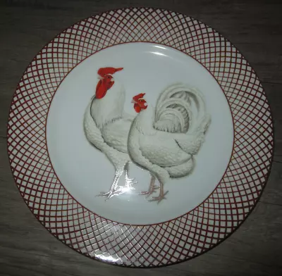 Vtg Haldon Group Dinner Plate White Chicken Hen & Rooster Red Lattice Border • $34.99