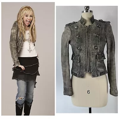 Hannah Montana Gray Distressed Leather Miltary Jacket XS Y2K Vintage • $375