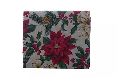 Red Green Christmas Poinsettia Holiday Holly Vinyl Tablecloth 60  Round NEW • $19.99