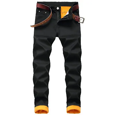 Mens Stretch Denim Straight Leg Pants Winter Warm Fleece Lined Jeans Trousers • $39.56