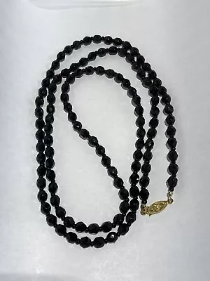 Vintage Jet Faceted Bead Necklace 34” Gold Clasp 1/4” Beads W/ Jet Bead Spacers • $19