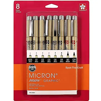Sakura Pigma Micron Pen Set Black 005 01 02 03 05 08 Brush Graphic 30067 • $13.39