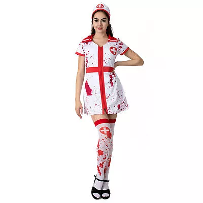 Bloody Nurse Halloween Fancy Dress Costume Plus Hat And Blood Stained Stockings • £22.59