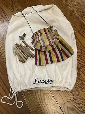 Vtg Laundry Room (Clothes Sack + Clothespin Bag + Wooden Clothespins + Sprinkler • $20