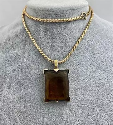 Vintage Large Topaz Brown Faceted Glass Pendant Gold Tone Chain Necklace 24  • $29