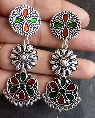 Indian Earrings Glamorous Antique Silver Bollywood Designer Meena Jhumka Set • $22.48