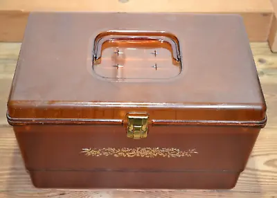 Vintage Amber Plastic Sewing Box W Tray Embossed Front - Some Cracks • $8.99