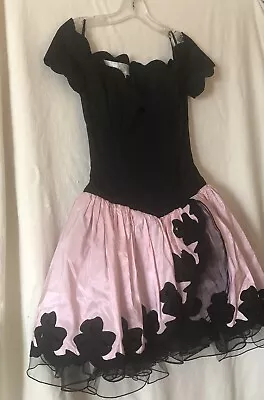 Vicky Tiel Vtg Short Dress Boned Bodice Full Skirt Bows Motif Silk Black Pink Xs • $95