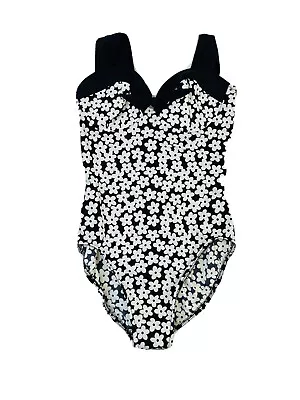 VTG 90s Rockabilly Womens 8 Black White Floral Sweetheart Bow Swim Suit Pin Up • $35.59