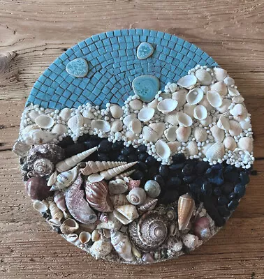 Mixed Media Mosaic Wall Art Coastal Rocks Ocean Shells Glass 13” Round • $99