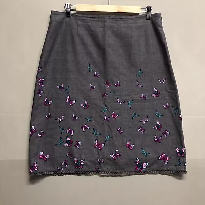 Laura Ashley Skirt Womens UK 14 Grey Embroidered Butterfly Cottagecore Twee Work • £4.87