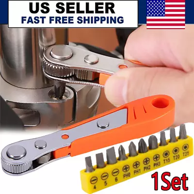 Ratcheting Right Angle Screwdriver Hex Drive 90 Degree Offset + 10pc Bits Set! • $6.98