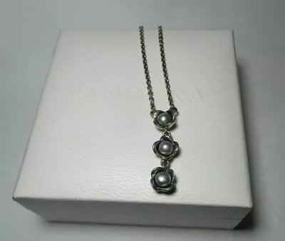 PANDORA Necklace - Three Wishes Grey Pearl Silver Flower - 390150GP - In Box • $125