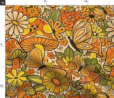 $32 • Buy 70S Citrus Mushroom Bloom Vintage Butterfly Retro Spoonflower Fabric By The Yard