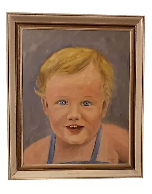 Vintage Oil Painting Of Smiling Chubby Blue Eyes Boy Signed Elliot 71 • $199