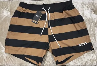 HUGO BOSS $78 Men's Drawstring Swim Shorts Black Multicolor Logo 3 Pockets NEW • $69.88