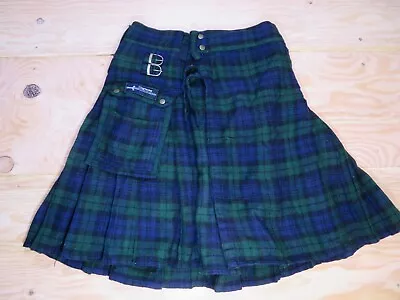 Claymore Green Blue Check Tartan Plaid Buckled Skirt Kilt Men 34  Waist Meas 32 • $34.99