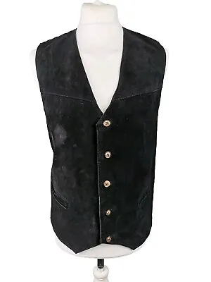 Vintage Men's Black Leather Suede Western Cowboy Waistcoat Gilet Vest Size 42 • £22.95