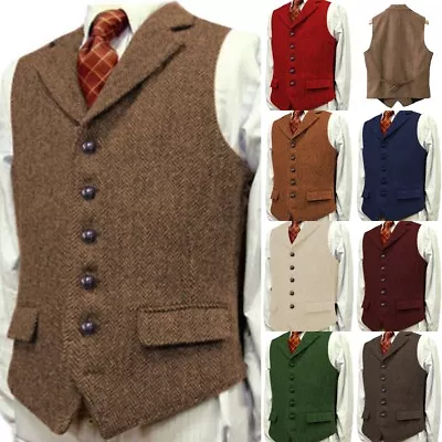 Mens Cowboy Vest Herringbone Tweed Waistcoat Vintage Formal Casuual Retro Vests • $61.59