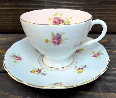 Vintage Foley Bone China Teacup & Saucer V2116 Blue With Petite Flowers England • $18