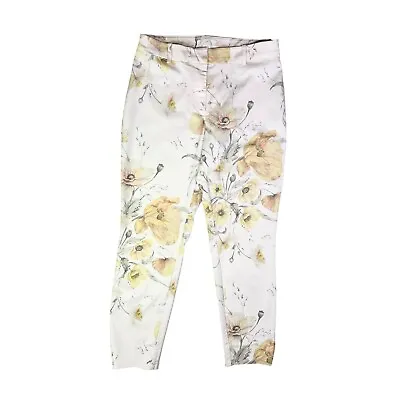 H&M Size US 8 Cropped Slim Leg Pants Cream Floral Print Zip Fly • $14.39