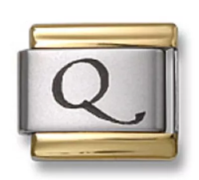 Italian Charm Bracelet Link Laser Initial Letter Q Gold Trim Stainless Steel 9mm • $8.95