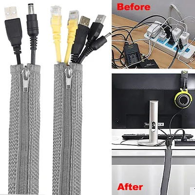 1.2m Desk Cable Management Organisers Cable Protector Tidy Zip Sleeve For PC/TV • £5.69