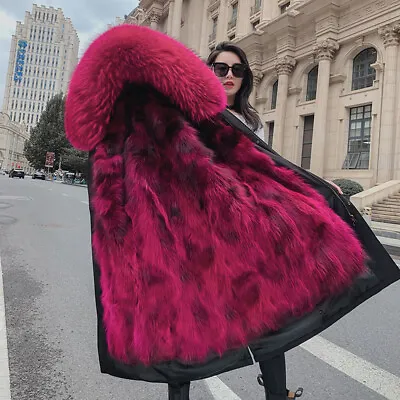 Women Real Raccoon Fur Lined Parka Jacket Winter Warm Thick Hooded Coat Overcoat • $199