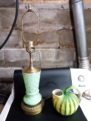 1960s Mid Century Modern Green W Gold Tiny Stars Ceramic Lamp W Brass Base • $79