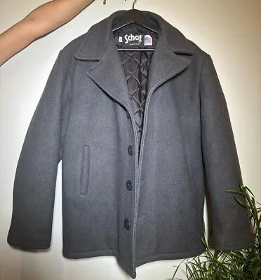 Schott Nyc Wool Single Pea Coat Size 42 Medium Grey Usa Made • $165