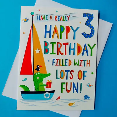 Age 3 Happy  Birthday Card Three Years Old Male Boy Child Crocodile Fish Boat • £2.49