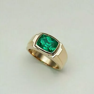 3Ct Simulated Green Emerald Men's Engagement Ring 14K Yellow Gold Plated Silver • $126.74