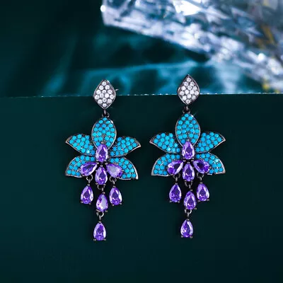 Long Turquoise Leaf Purple Drop Earring Black Gold Plated Cubic Zirconia Jewelry • $8.99