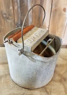 Vintage Wash Bucket Galvanized Metal Mop Wringer Wood Rollers De Luxe Steampunk • $39.95