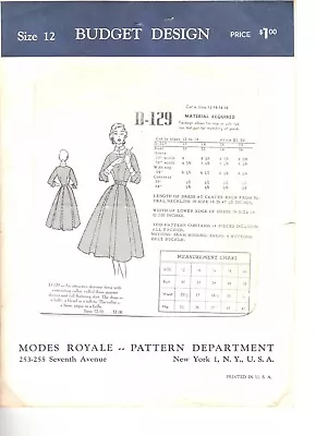 1950's MODES ROYALE Budget Design Pattern #D-129 Size 12 Bust 30 Dress • $39.99