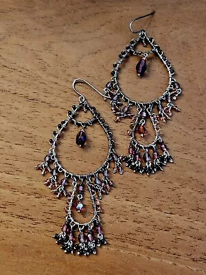 Purple Beaded And Silvertone Middle Eastern Style Dangle Earrings B2 • $14